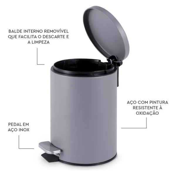 Lixeira Redonda com Pedal Multiuso Aço 3 litros - Cinza Matte