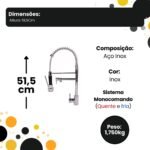 Torneira de Mesa com Ducha Extensível Para Cozinha 51,5cm - Inox - Imagem 5