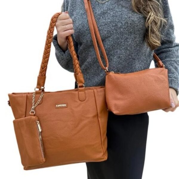 Kit 3 Peças Bolsa Feminina Com Alça Trançada - Caramelo