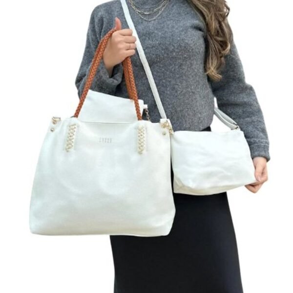Kit 3 Peças Bolsa Feminina Estilo Tote - Branca Com Alça Caramelo