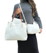 Kit 3 Peças Bolsa Feminina Estilo Tote - Branca Com Alça Caramelo - Imagem 2