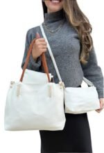 Kit 3 Peças Bolsa Feminina Estilo Tote - Branca Com Alça Caramelo - Imagem 4