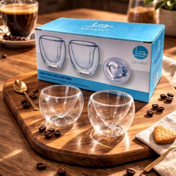 Conjunto Dois Copos Café Borossilicato Love Coração 90ml